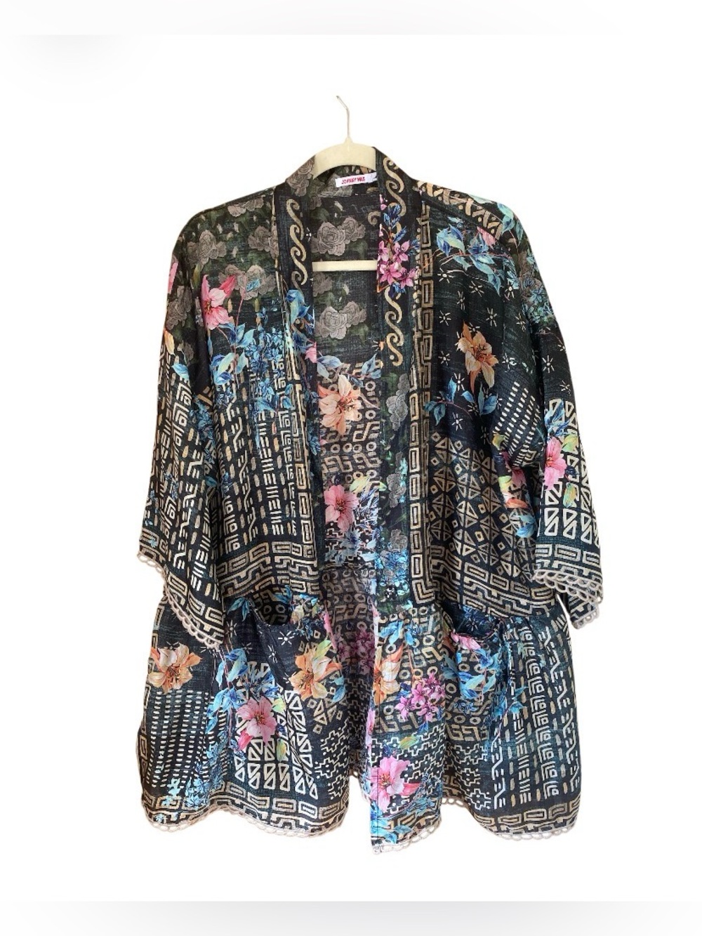 NWOT Johnny Was Black Floral Patchwork Silk Kimono size L - Picture 4 of 16